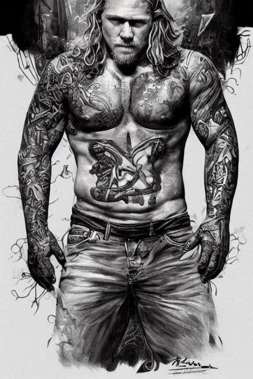 Image similar to Photorealistic Portrait of frontal standing pose torso of a very attractive buffed Jax Teller heavily tattooed. surrounded by magic lightings overlays, Intricate, concept art, magic lighting overlays, magical portal opened, D&D!, fantasy style, sharp focus!, ultra detailed, art by Artgerm and Peter Andrew Jones, WLUP, Magali Villeneuve