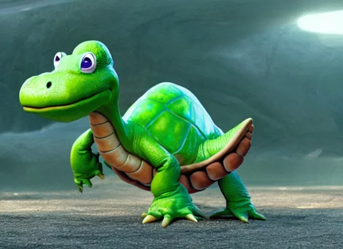 Image similar to film still of yoshi in the new sci - fi movie, upright dinosaur with a small turtle shell and long tongue, 8 k