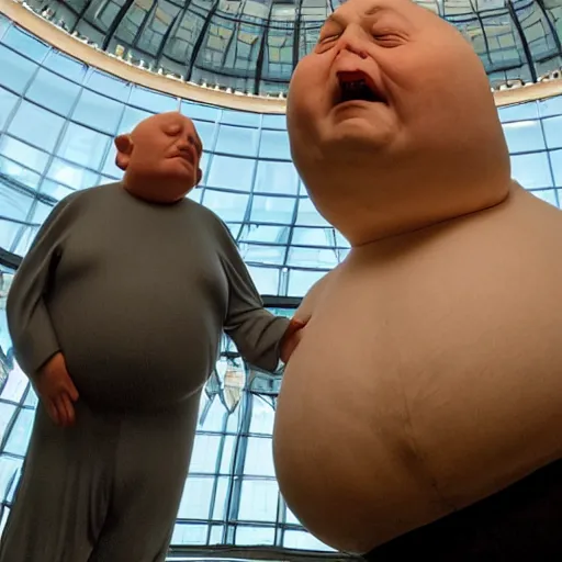 Prompt: a rotund man with fish head praying, ron mueck masterpiece, wide angle view, exhibition