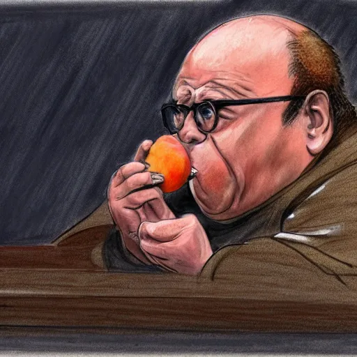 Image similar to courtroom sketch of danny devito eating a peach, high quality, high resolution