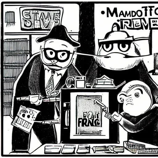 Prompt: Adam Savage and Jamie Hyneman pulling off a bank heist from a bank for frogs, drawn in the style of Maurice Sendak.