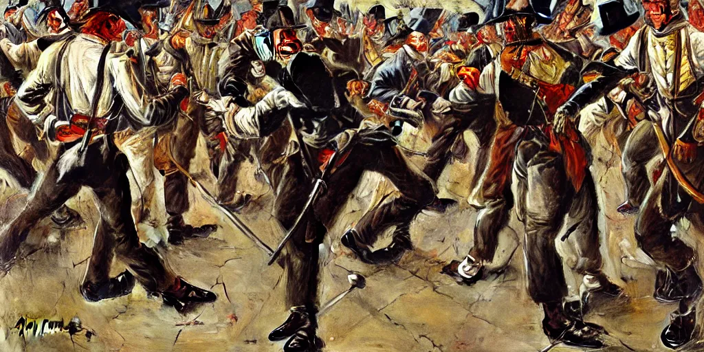 Prompt: detailed painting of the battle of new orleans with dancing soldiers by norman rockwell