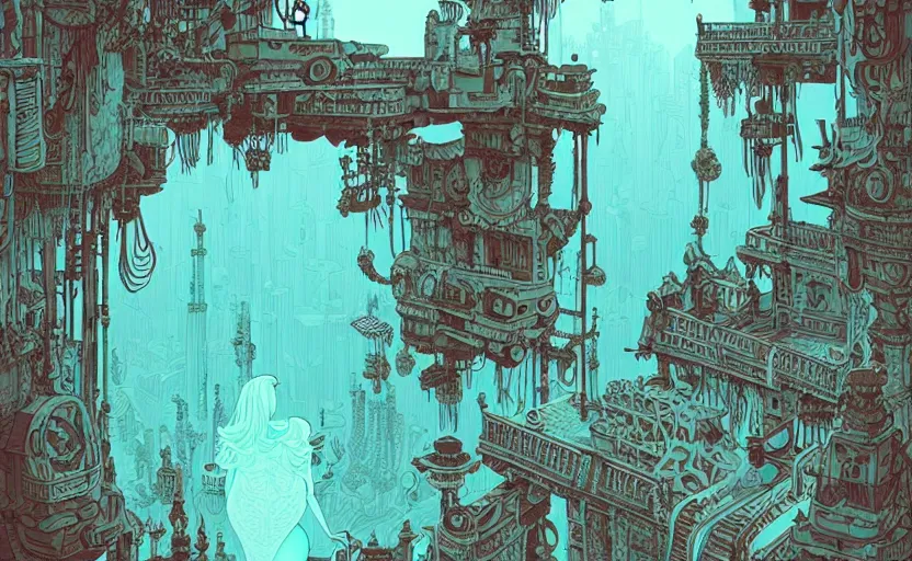 Image similar to lost city by james gilleard, by joe fenton, by kaethe butcher, dynamic lighting, gradient light blue, brown, blonde cream and white color scheme, grunge aesthetic