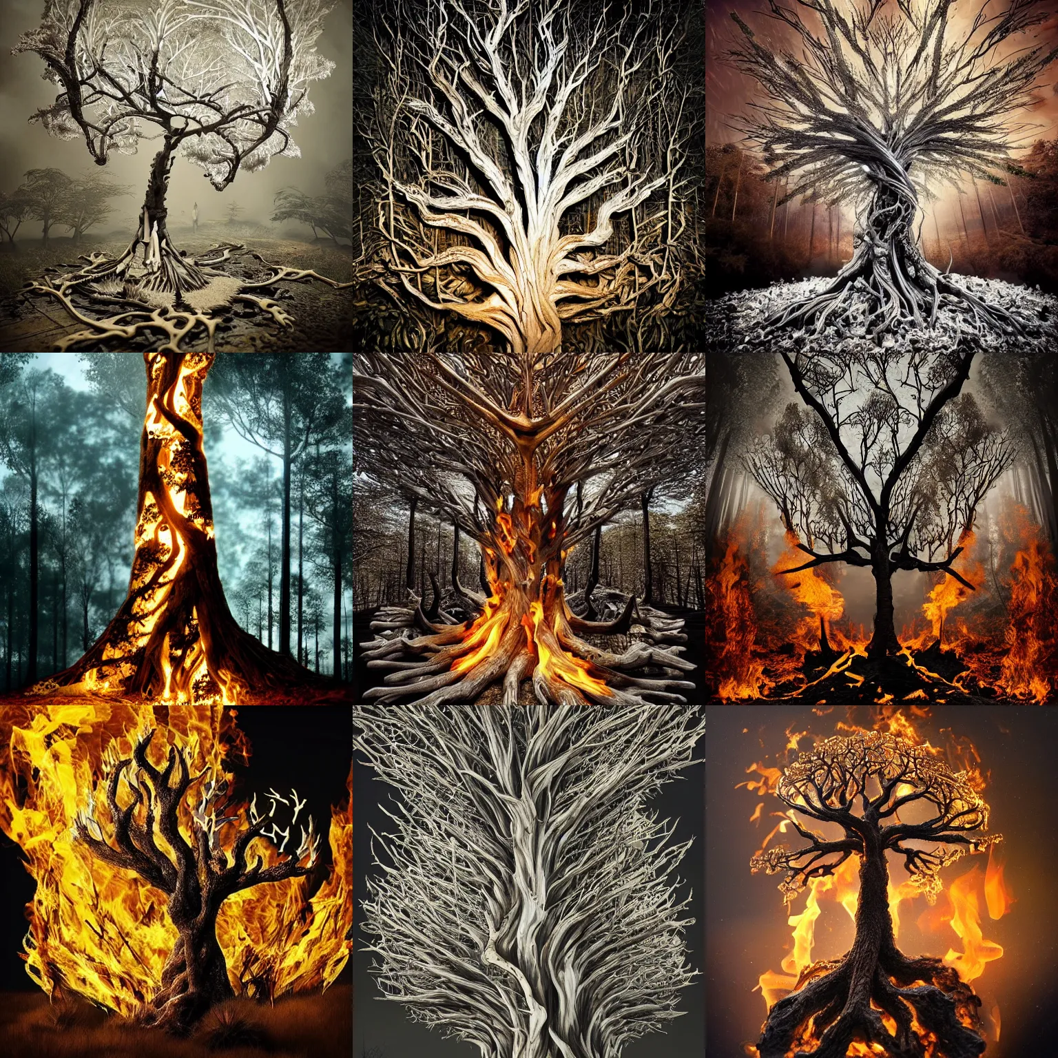 Prompt: tree made out of bone, on fire, forest, dramatic, double - exposure, incandescent, fxaa, insanely detailed and intricate, hypermaximalist, elegant, ornate, hyper realistic, super detailed