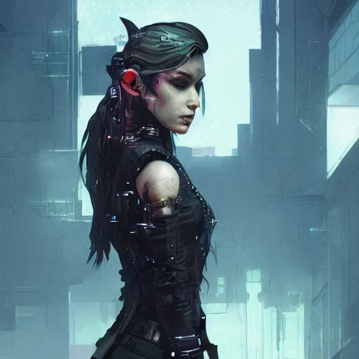 Image similar to full body portrait of an elf woman with elf ears wearing a leather jacket, cyberpunk digital art, dramatic lighting, illustration by Greg rutkowski, yoji shinkawa, 4k, digital art, concept art, trending on artstation