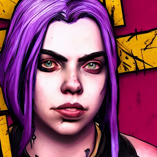 Prompt: billie eilish portrait, borderlands, tales from the borderlands, the wolf among us, comic, cinematic lighting, studio quality, 8 k