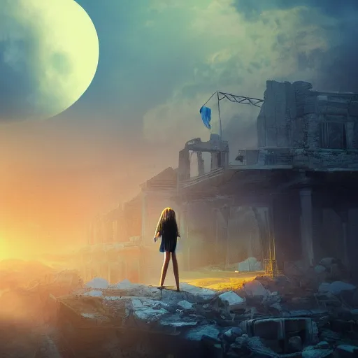 Prompt: A beautiful picture of a blue eye suicidal girl against the background of ruins of a destroyed city and a yellow-red moon, artstation, extremely detailed, volumetric lighting, atmosphere, hyper realism, fantasy 4k