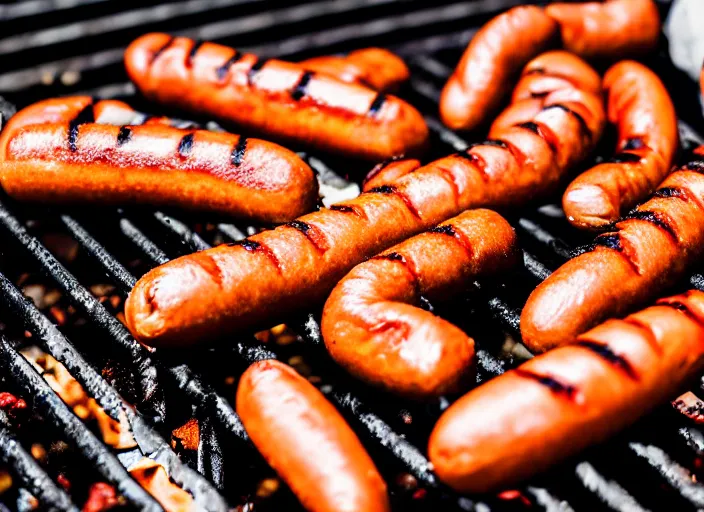 Image similar to dslr food photo closeup of hot dogs cooking on a grill, 8 k, 8 5 mm f 1. 8
