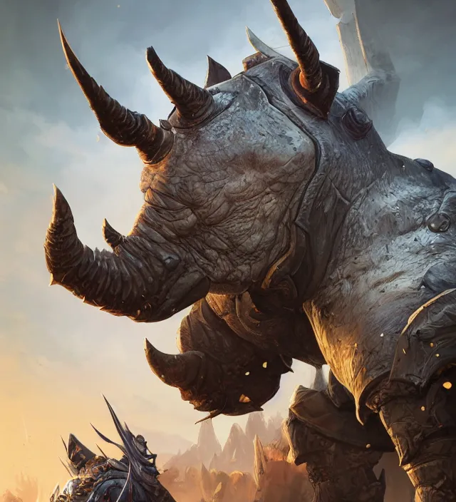 Prompt: a well rendered anthropomorphic rhinoceros portrait, world of Warcraft armor, subject in the center of the frame, rule of thirds, golden ratio, cyberpunk, elegant, digital painting, octane 4k render, zbrush, hyperrealistic, artstation, concept art, smooth, sharp focus, illustration from DnD by Ruan Jia and Mandy Jurgens and Artgerm and William-Adolphe Bouguerea