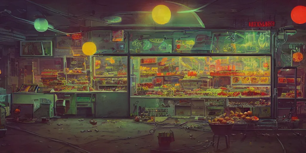 Image similar to fruit store, 1 9 8 0, retrofuturism, cluttered, wires everywhere, window, at night, dramatic lighting, alien technology, detailed by simon stalenhag