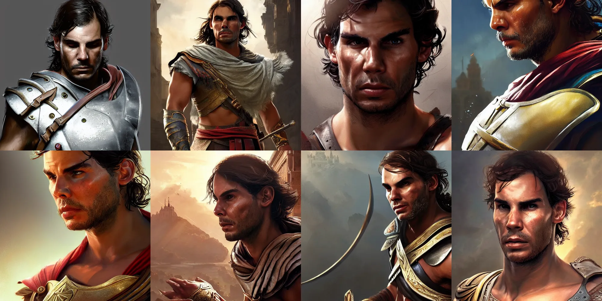 Prompt: Rafael Nadal from assassin's creed odyssey, half body portrait, videogame cover art, highly detailed, digital painting, artstation, concept art, smooth, detailed armor, sharp focus, beautiful face, illustration, art by Artgerm and greg rutkowski and alphonse mucha