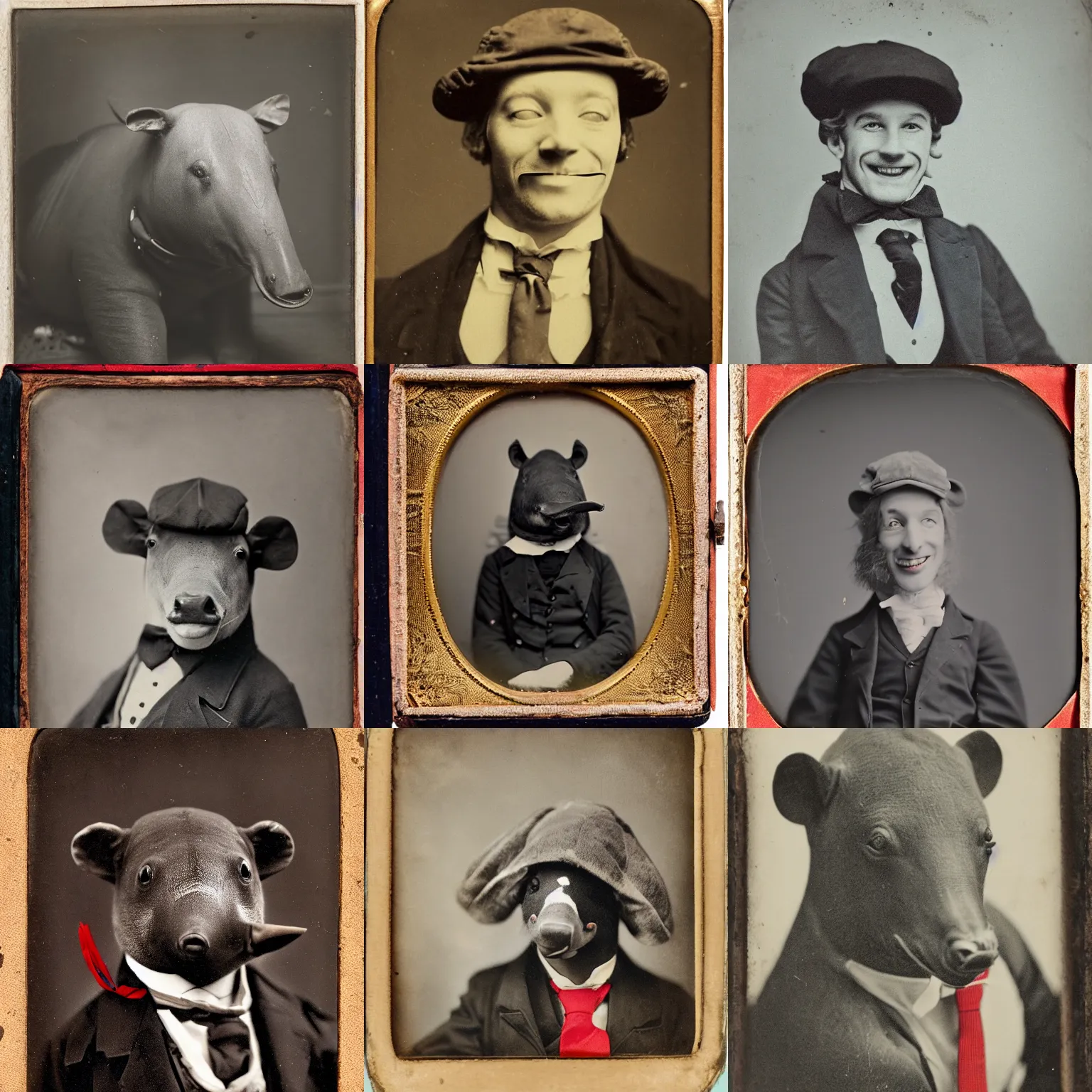 Prompt: a daguerreotype style photograph of a smiling tapir that is wearing a flat cap and a red tie.