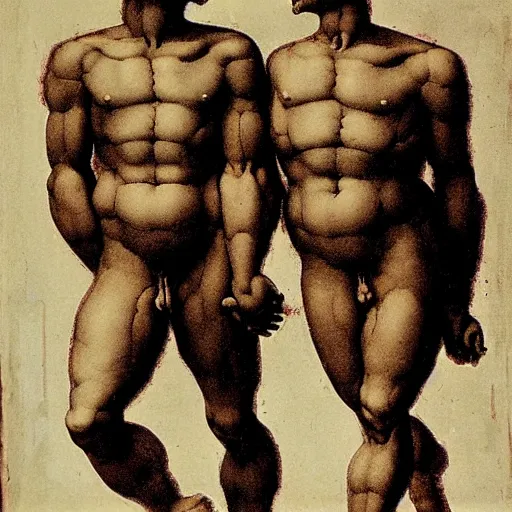 Prompt: two men holding hands by Michelangelo