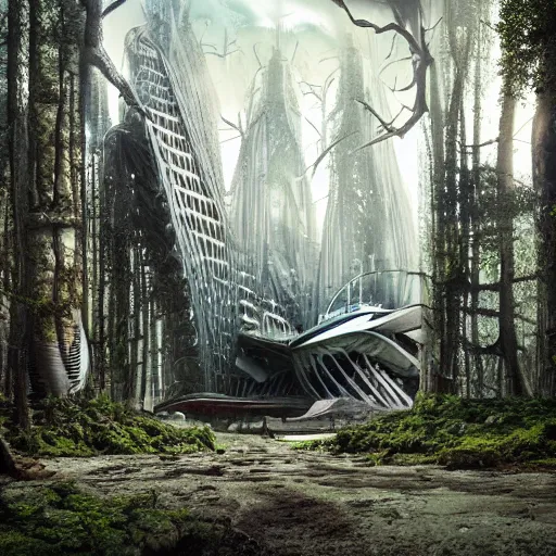 Prompt: future city covered by forest creature, trees, plant, broken buildings, doom of the gods, monster, gravity mess, star trek, glory war, photograph, cinematic matte painting, zaha hadid building, photo realism, desolate glacial landscape