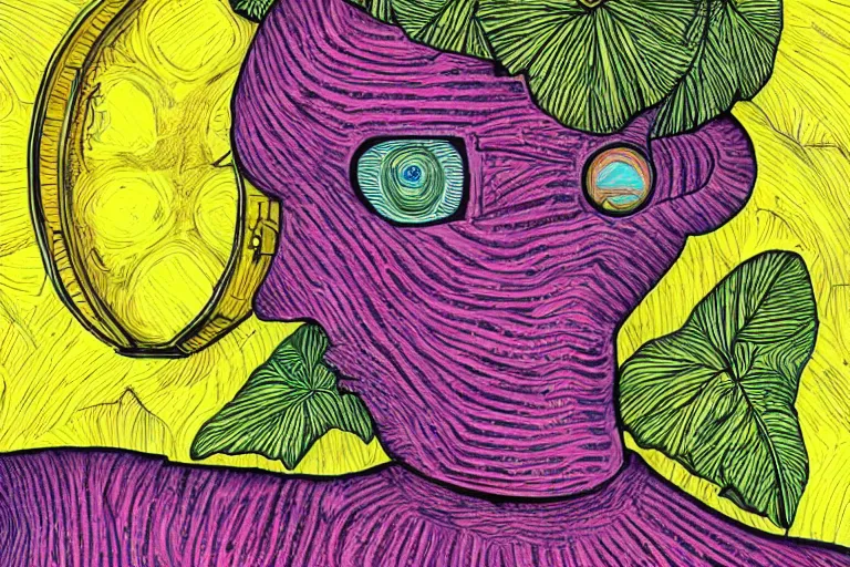 Image similar to gigantic robot - girl head floating in the space, a lot of exotic plants, trees, flowers, oldschool vintage sci - fi flat surreal grainy design, super - detailed, drawing by howard arkley, hd, 4 k, high quality