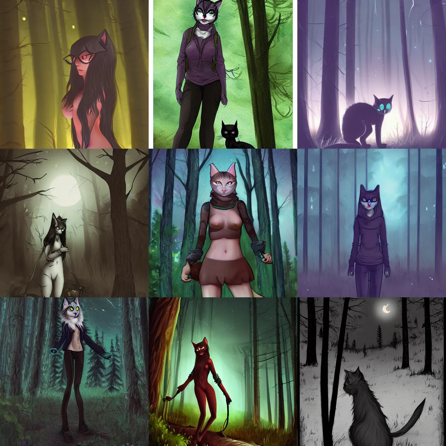 Prompt: a catgirl caught on midnight trail cam, night, tall trees, morbid, uncanny, artstation
