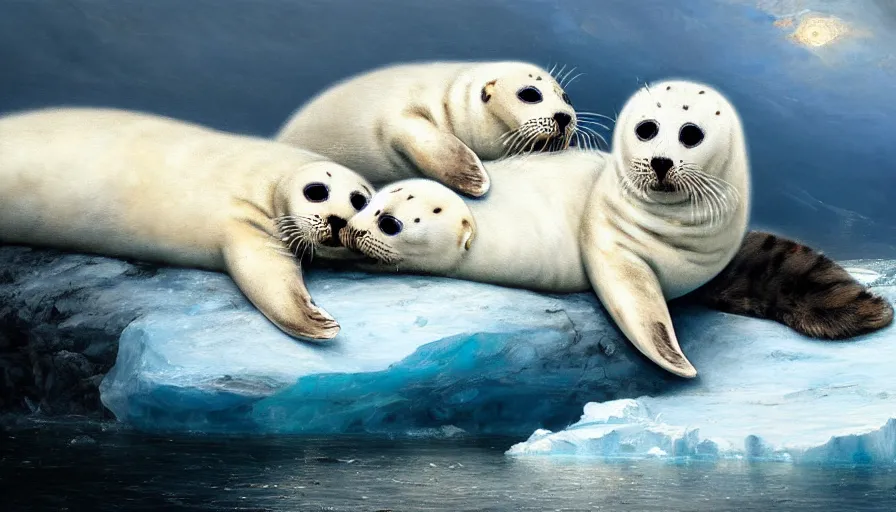 Image similar to highly detailed painting of cute furry white baby seal leopards cuddling into each other on a blue and white iceberg by william turner, by greg rutkowski, by william constable, thick brush strokes and visible paint layers, 4 k resolution