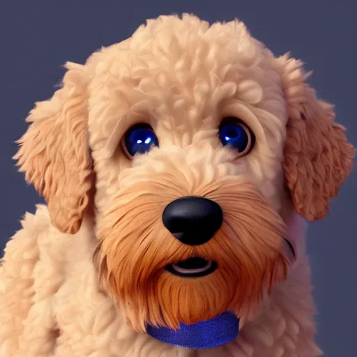 Image similar to goldendoodle in pixar movie, photorealistic rendering. artstation, 4 k, hyperrealism