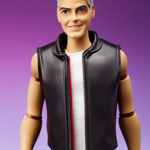 Image similar to George Clooney as a male barbie doll, Mattel, studio product photography, professional, detailed, f/8.0