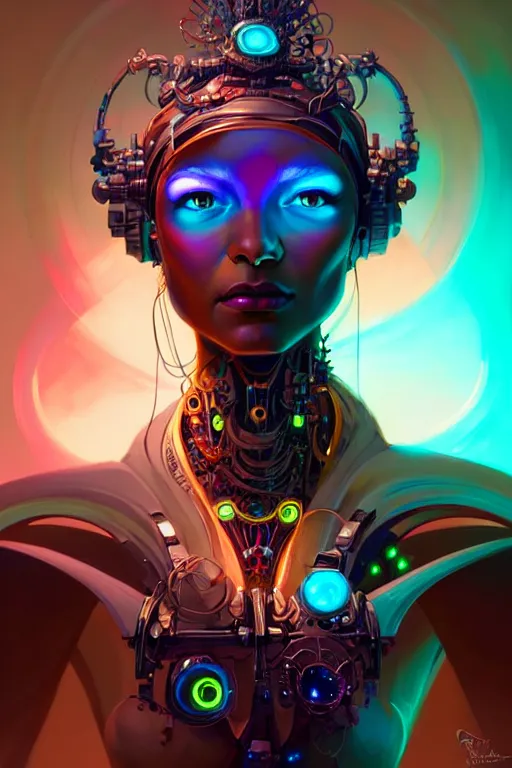 Image similar to portrait, biomechanical bioluminescent queen, cyberpunk, bionics, augments, cables, elegant gleaming intricate baroque jewellery, colorful, vivid, imposing, epic, digital painting, artstation, concept art, by peter mohrbacher and wlop and rhads