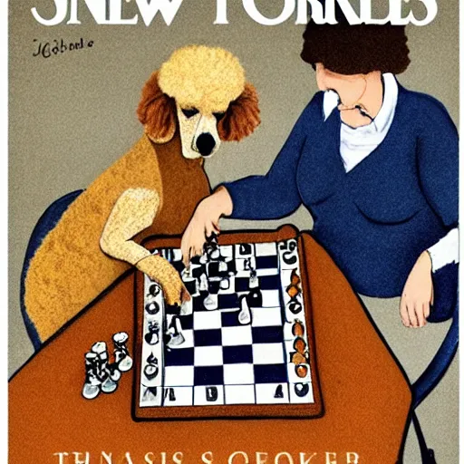 Prompt: two elderly poodles wearing sweater vests playing chess in the style of a New Yorker magazine cover