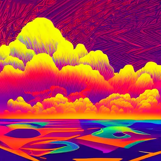 Prompt: psychedelic abstract digital artwork reminiscent of album covers from the 70\'s depicting clouds in the art style of Alena Aenami, Marcel Marcel and Metzinger