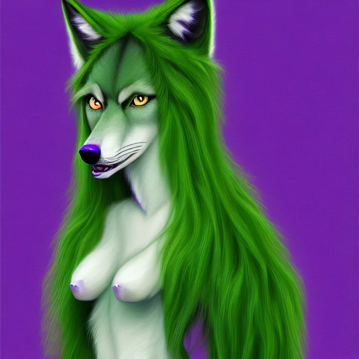 Prompt: a digital painting of an anthropomorphic female wolf fursona with long violet hair wearing a green dress, symmetry, focus, furry, soft lighting, oil on canvas, hyper detailed