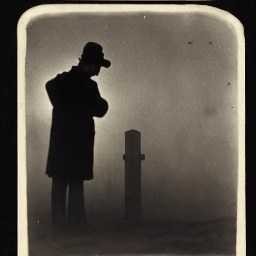 Image similar to a soul looking at his grave, night, fog, 1 9 0 0's photo