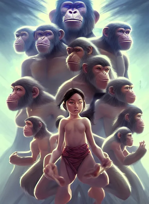 Image similar to of group of ape kids with super powers getting ready for battle against the heavens, symmetrical, perfect face anatomy, establishing cinematic movie scene of a cinematic scene!, intricate, elegant, highly detailed, lotus flower, artstation, art by artgerm, anime, stylish, concept art, smooth, sharp focus, wlop