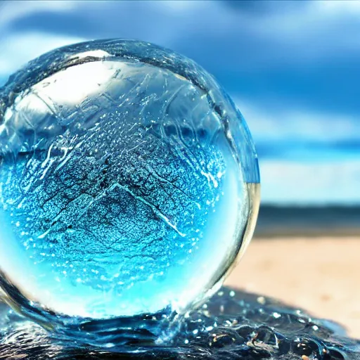 Image similar to beautiful water sphere, made of water, hyperrealistic, transparent, refreshing, balanced, caustic