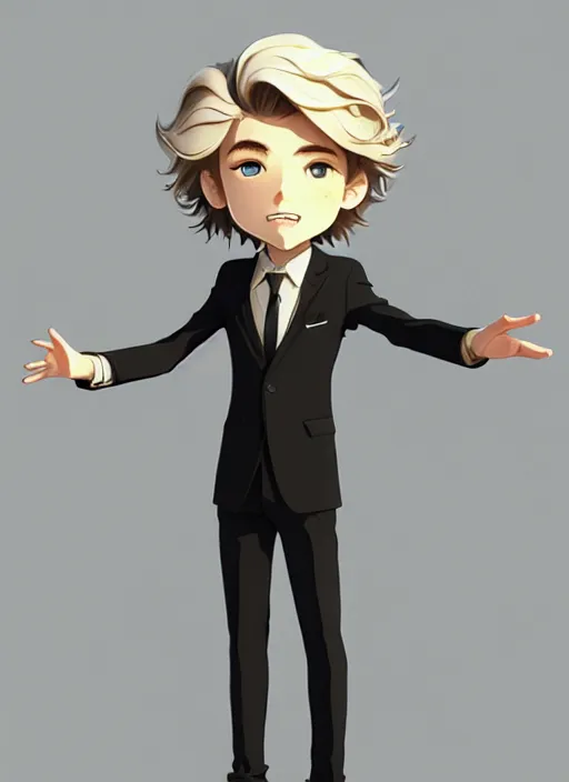 Image similar to young man with medium - length, curly, golden hair, perfectly proportioned face, aquamarine eyes, sweet smile, wearing a black suit, natural lighting, path traced, highly detailed, high quality, animation art, digital painting, by new haicheng and studio ghibli