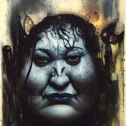 Image similar to portrait of the face of big fat old sumoringer as despair from sandman, venus of willendorf, by jeremy mann, by gregory crewdson, by bastien lecouffe deharme, by russ mills, sad face, topknot, black hair, mourning, black eyes, white room, soft lightning, high detailed, 8 k