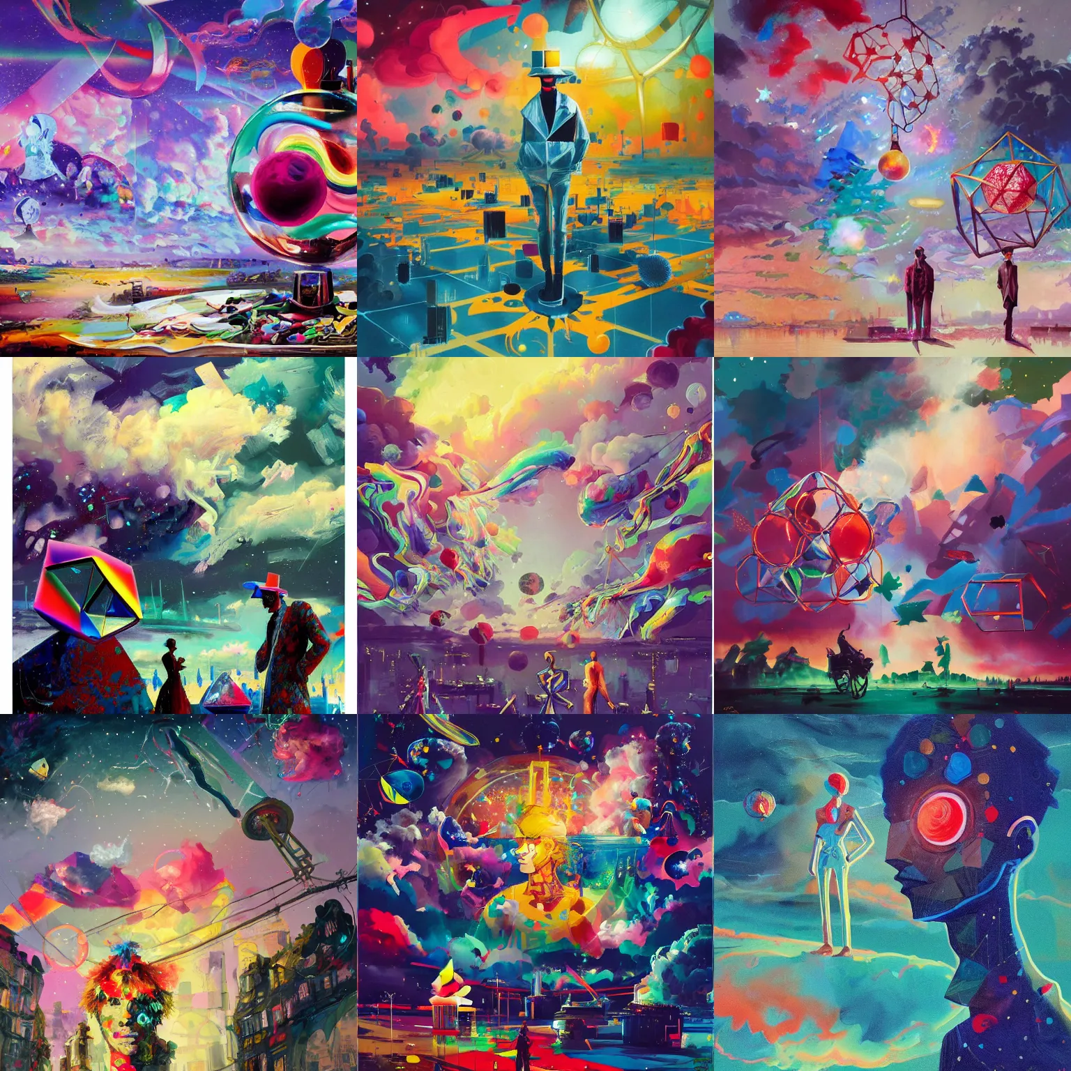 Prompt: surreal gouache painting, by antoine blanchard, conrad roset, by kilian eng, by good smile company, incredibly detailed, of floating molecules and a mannequin statue holding an icosahedron with stars, clouds, and rainbows in the background, cgsociety, artstation, modular patterned mechanical costume and headpiece, retrowave atmosphere