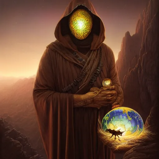 Image similar to masked nomad male wearing a cloak on an alien world and holding a holographic planet projection in his hand, detailed, sci - fi, digital painting, artstation, sharp focus, illustration, ominous, artgerm, tomasz alen kopera, peter mohrbacher, donato giancola, joseph christian leyendecker, wlop, frank frazetta