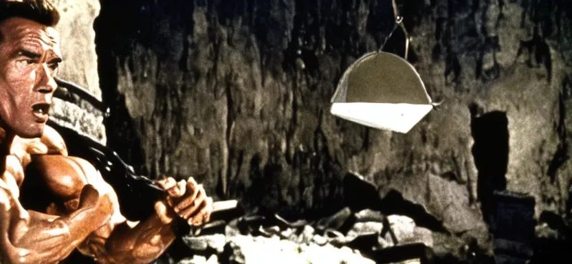 Prompt: film still of arnold schwarzenegger in the pit and the pendulum ( 1 9 6 1 ), pathecolor, 4 0 mm panavision wide - angle lens