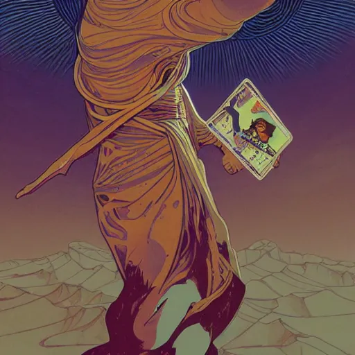 Image similar to majestic dune themed paul atreides messianic tarot card by sachin teng, artgerm, alphonse mucha, masterpiece, organic painting, matte painting, technical geometrical drawing shapes, lightning electricity coil, hard edges, graffiti, screen printing poster art by sachin teng