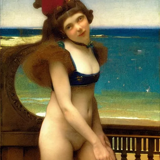 Prompt: A girl jester on the front of a Balustrade with a beach on the background, major arcana, by paul delaroche, hyperrealistic