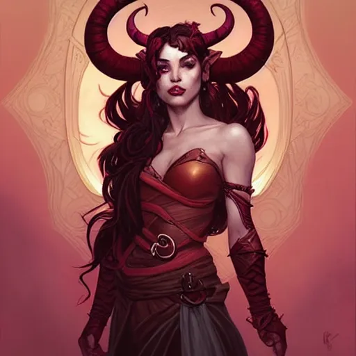 Image similar to an epic fantasy comic book style portrait painting of a teifling rouge with medium long dark hair, d & d, fantasy, intricate, elegant, highly detailed, digital painting, artstation, concept art, matte, sharp focus, illustration, art by artgerm and greg rutkowski and alphonse mucha