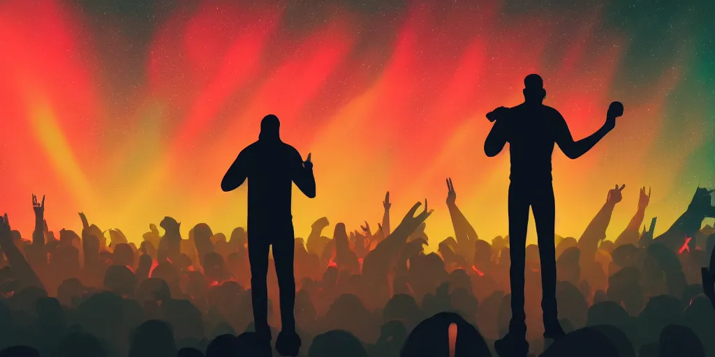 Image similar to rapping into microphone, silhouette, huge crowd, outrun, hip hop, digital art, Aurora borealis, trending on Artstation, professional artist, detailed, 4k