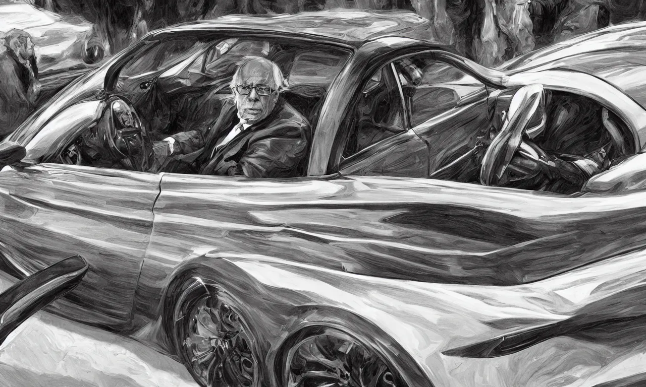 Prompt: a journalist photo of Bernie Sanders driving his opulent new sports car, flaunting his wealth, cinematic, elegant, highly detail, artstation, art