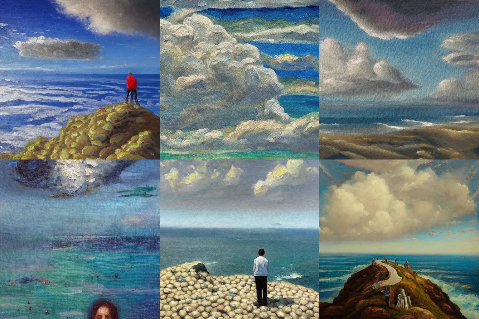 Prompt: A cloud of tiny machines that form a man standing on a cliff overlooking the ocean, oil painting