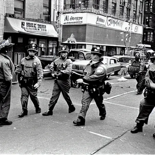 Prompt: paw patrol as cops in new york city, old historical photograph, 1 9 6 5, on the streets of harlem, artistic, gritty, heroic