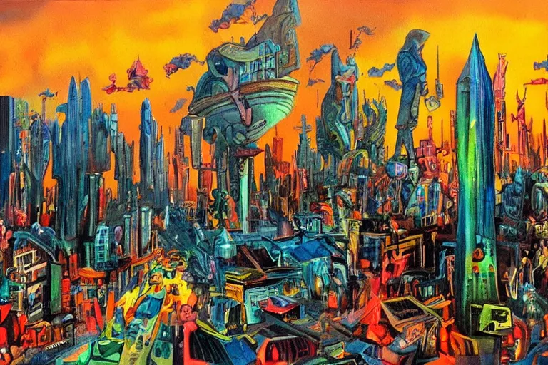 Image similar to surreal colorful nightmarish cityscape, artwork by ralph bakshi