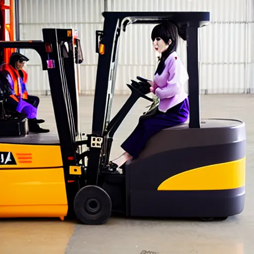 Image similar to a person cosplaying homura akemi operating a forklift