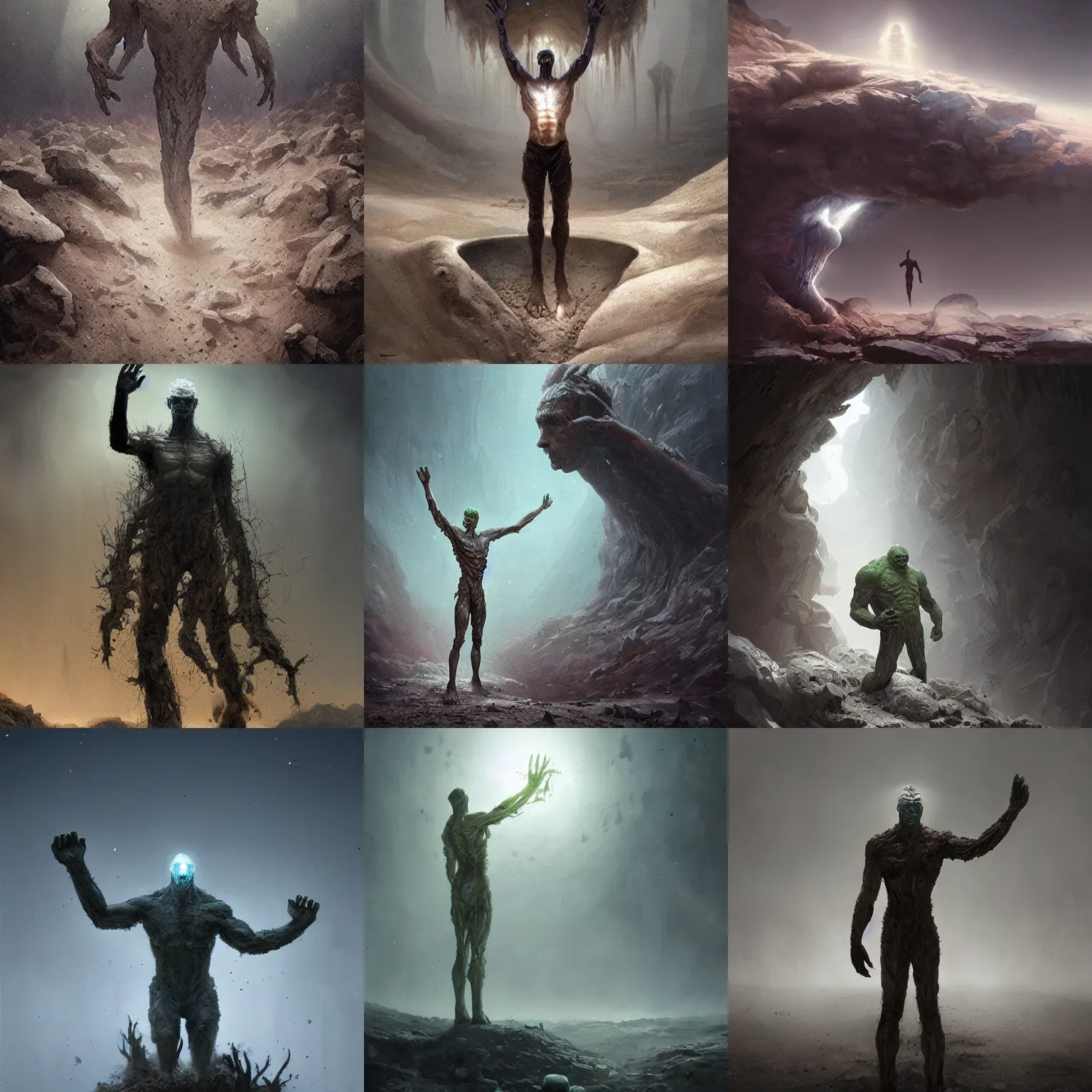 Prompt: earth, elemental man made of crystals and dirt, arms raised, gloomy, dark atmosphere, detailed, concept art, smooth, sharp focus, illustration, greg rutkowski