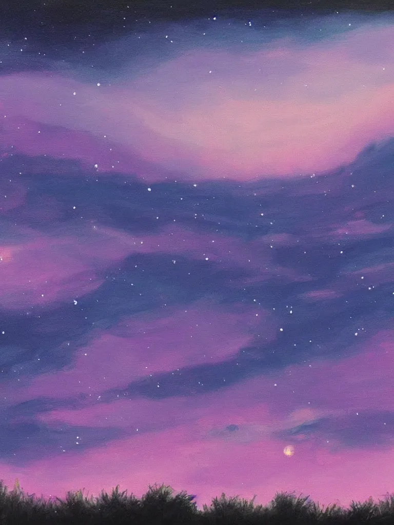 Image similar to painting of night sky. A crescent moon and many stars are in a dark cloud free layer of sky at the top half of the painting. Beneath this is a deep layer of pink and purple ombre puffy fluffy puffy clouds close to the horizon at the bottom half of the painting. Artstation. Deviantart.