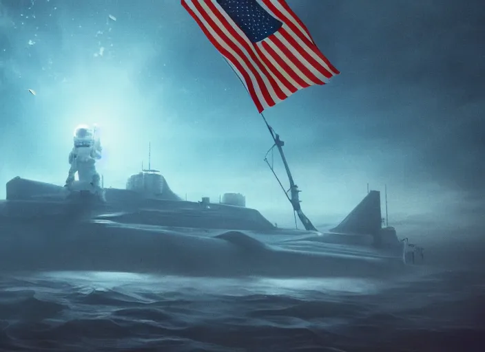 Image similar to astronaut holding a flag in an underwater desert. a submarine is visible in the distance. dark, concept art, cinematic, dramatic, atmospheric, 8 k, trending on artstation, blue, fish, low visibility, fog, ocean floor, christopher nolan, interstellar