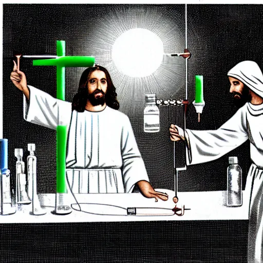 Image similar to jesus and another scientist in a lab creating a new chemical concoction holding up a test tube filed with green liquid