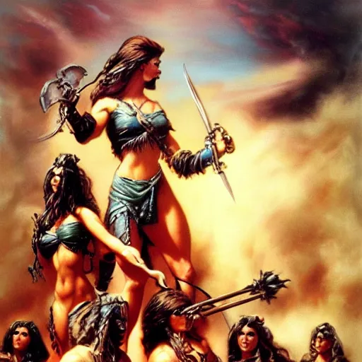 Image similar to barbariennes, a horde of female barbarians, frank frazetta, boris vallejo, julie bell, fantasy painting, 8 k, hdr, perfect composition, striking color, beautiful artwork