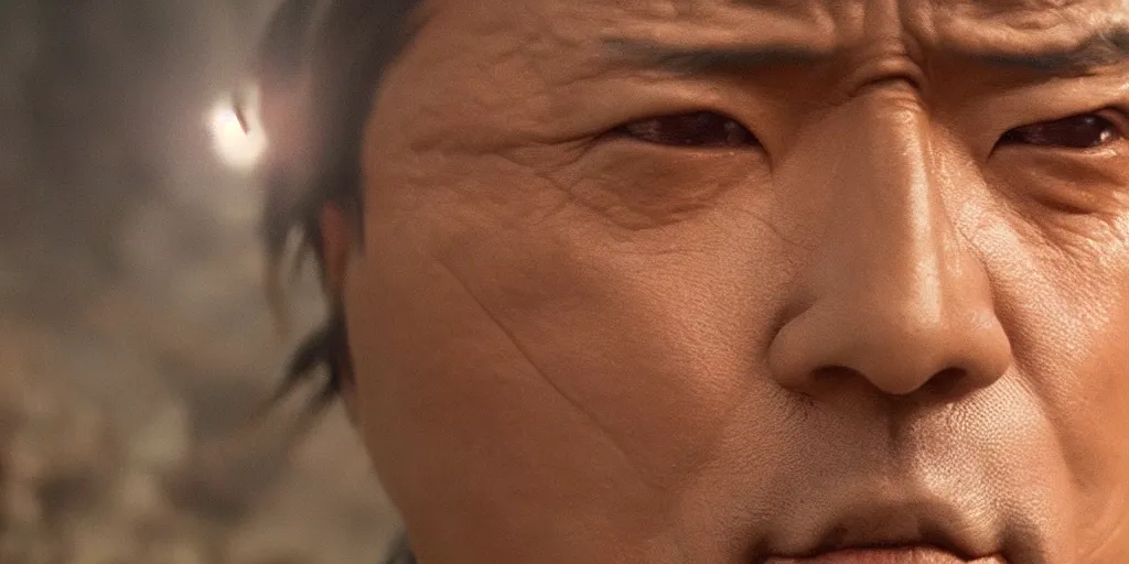 Prompt: a film still of guillermo francella starring as an ancient samurai in a japanese blockbuster film, shallow depth of field, cinematic, award winning cgi, vfx, film still